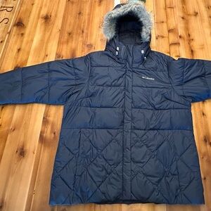 Columbia Dark Blue Quilted Jacket with Faux Fur Trim & matching gloves